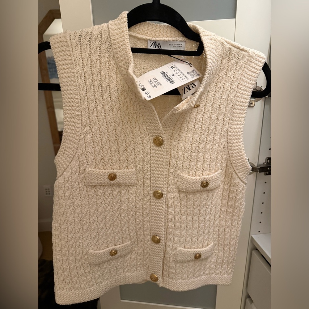 Zara Beige Knit Cardigan with Metallic Accents